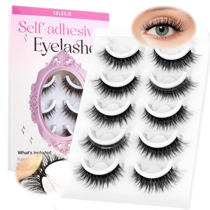 CALAILIS Self Adhesive Eyelashes 5 Pairs Natural Look Press On Lashes No Glue Need Eyelashes Reusable Cat Eye Wispy Self-adhesive False Lashes with Replacement Adhesive Strips (C130)
