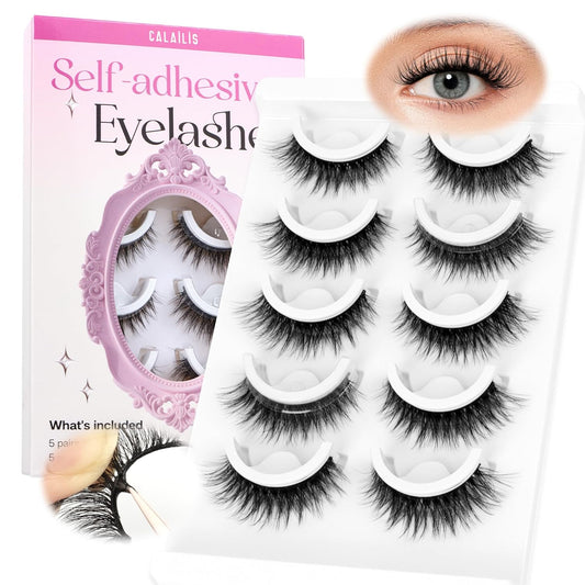 CALAILIS Self Adhesive Eyelashes 5 Pairs Natural Look Press On Lashes No Glue Need Eyelashes Reusable Cat Eye Wispy Self-adhesive False Lashes with Replacement Adhesive Strips (C122)