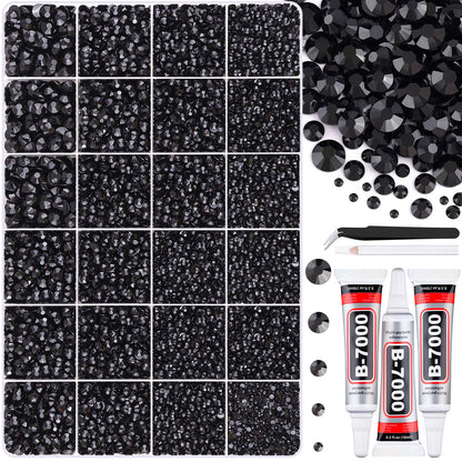 30000Pcs Resin Black Rhinestones for Bedazzling Crafting with b7000 Jewelry Glue, Bulk Flatback Gems Bedazzler Kit for Crafts Clothes Shoes Fabric Nail Diamond Art, Assorted Size 2/3/4/5/6mm