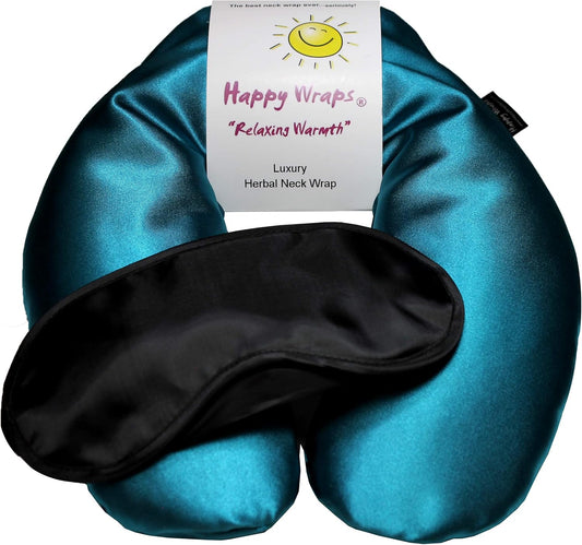 Microwavable Herbal Neck Wrap - Hot Cold Aromatherapy Neck Warming Pillow - Heating Pad for Migraines, Stress, Gifts for Women, Birthdays, Christmas and Free Sleep Mask - AuqaBlue Satin