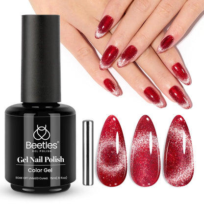Beetles Red Cat Eye Gel Nail Polish, 15ml Glitter Nail Polish with Magnet Gel Soak Off UV LED Nail Lamp Reflective Nail Art DIY Home Manicure Design Gift for Women