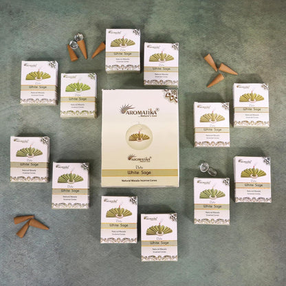 ARO VATIKA Vedic White Sage Natural Masala 120 Incense Cones in Pack of 12 Boxes| Best for Prayer, Reiki, Meditation and Relaxation | Burn Time- 25 mins