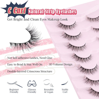 Natural Lashes Wispy Cat Eye Lashes 12mm False Eyelashes Natural Look Strip Lashes Thin Cotton Band Soft Eyelashes 3D Volume Lashes Pack C Curl Siligli Eyelashes 7 Pair