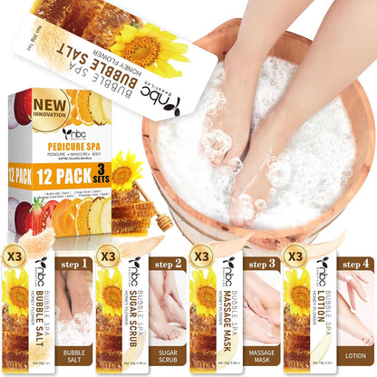 Pedicure Kit Foot Soak Set: Bubble Salt, Sugar Scrub, Massage Mask, Massage Lotion in a Box, 4 Step Foot Spa Kit for Dry Feet, Tired Feet（3 Set Honey flower)