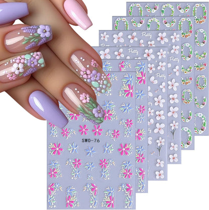 6 Sheets Flower Nail Art Stickers Rose Daisy Nails Art Decals 3D Self-Adhesive Nails Sticker Holographic Stereo Blossom Decal Decoration for Women Wreath Manicure Stickers DIY Nail Supplies