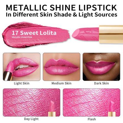 Oulac Hot Pink Lipstick for Women with Metallic 3D Shine Lightweight Hydrating Formula, High Impact Lip Color, Vegan Beauty, Full Coverage Lip Makeup, Christmas Gifts for Women, Sweet Lolita(17)