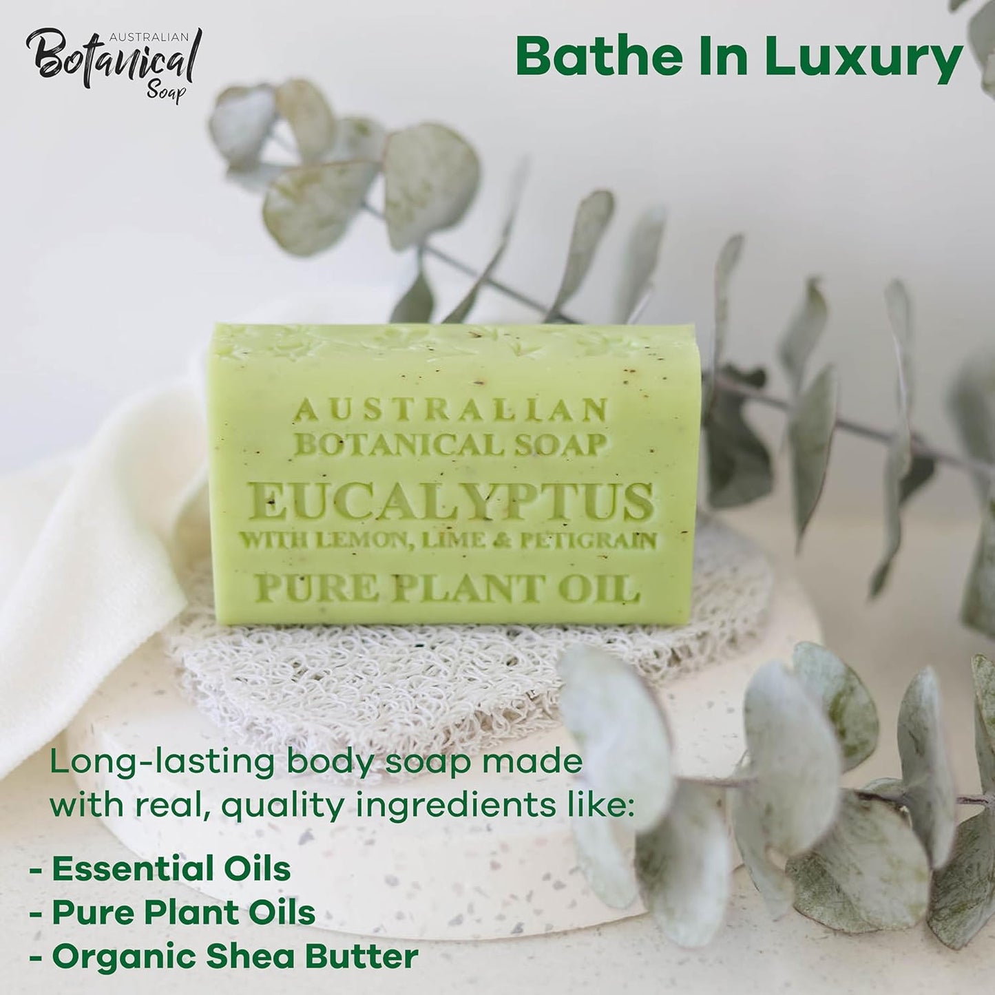 Australian Botanical Soap Eucalyptus with Lemon Lime and Petitgrain 6.6 oz Luxury Soap Bars Enriched with Shea Butter, Pack of 4