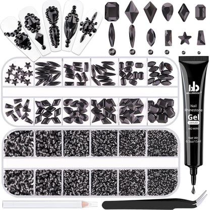 3220Pcs Black Glass Nail Rhinestones 120Pcs Multi Shapes Flatback Nail Gems + 3100Pcs 1.5-4mm Round Crystal with Rhinestones Glue Gel, Manicure Nail Charms Diamond Gemstones for Nail Art