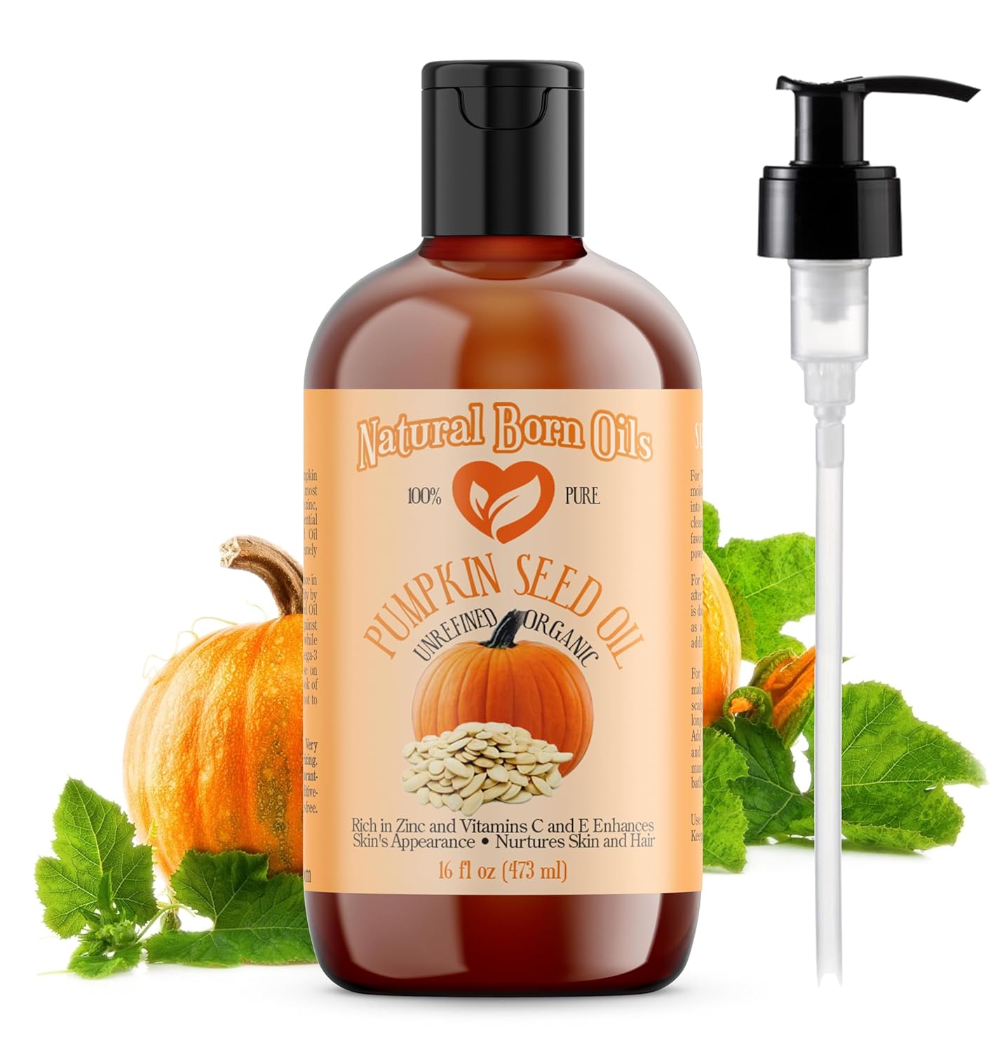 Natural Born Oils Pumpkin Seed Oil, 16oz, Organic, Cold-Pressed, Nutrient-Rich, Excellent for Radiant Skin, Lustrous Hair