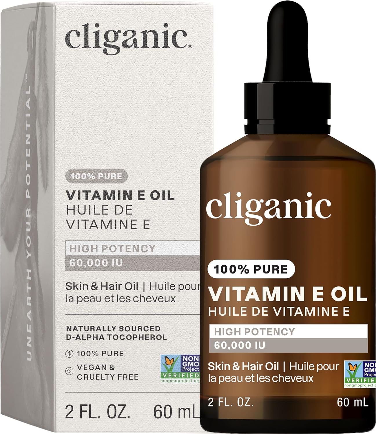 Cliganic Pure Vitamin E Oil for Skin, Scars, Hair & Face - 60,000 IU, Non-GMO Verified | Natural D-Alpha Tocopherol