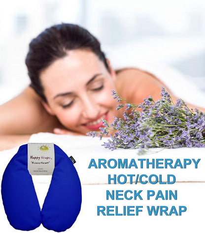 Microwavable Herbal Neck Wrap - Hot Cold Aromatherapy Neck Warming Pillow - Heating Pad for Migraines, Stress, Gifts for Women, Birthdays, Christmas and Free Sleep Mask - Navy Cotton