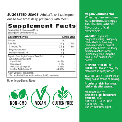 Rainbow Light Organic Extra Virgin Pumpkin Seed Oil | Cold Pressed Liquid Extract | Potent Source of Omega 6 and 9 Fatty Acids | Non-GMO and Gluten Free Supplement | 16 Fl Oz