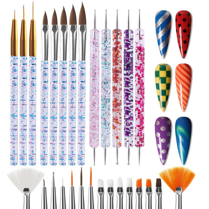 Artdone 28pcs Nail Art Brushes, Nail Art Tool Set, Dotting Tools, Dust Brush,Striping Brushes for Long Lines, Drawing Pen For Gel Polish Design supply