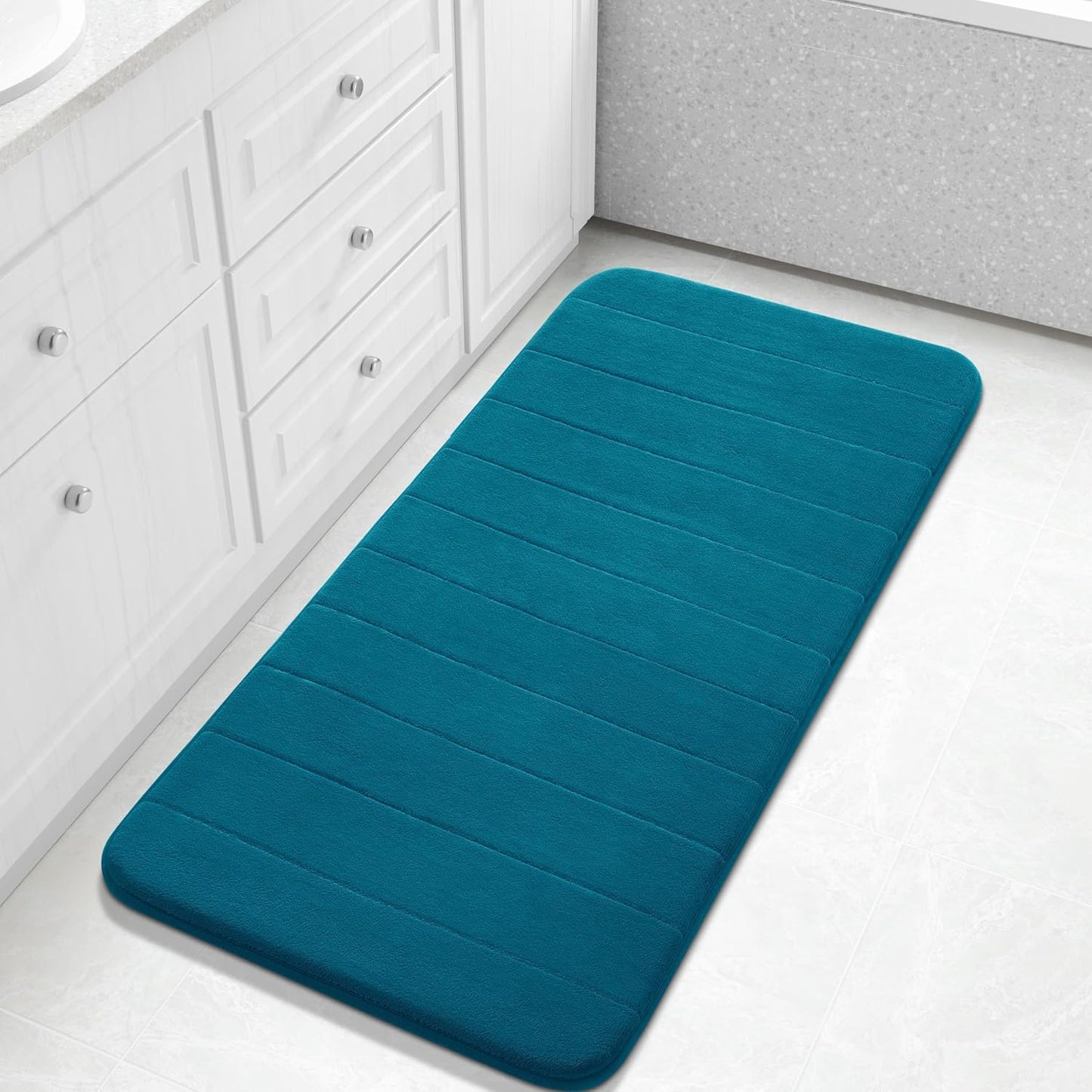 Yimobra Long Bath Mat 44"x24", Super Soft Quick Dry Memory Foam Bathroom Rug, Water Absorbent, Non Slip Backing Machine Washable for Tub Shower, Thick Comfort Support, Peacock Blue