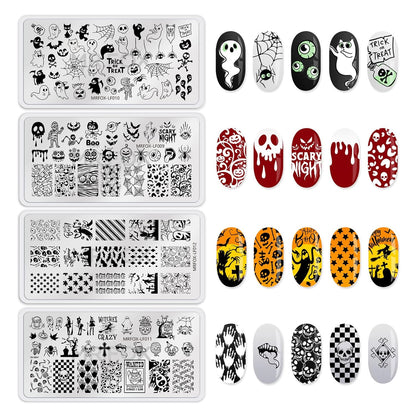 8PCS Halloween Nail Stamping Plates, Pumpkin Skull Bat Poker Image Stainless Steel Stencil, DIY Nail Art Template Tools