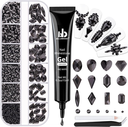 2060Pcs Black Glass Nail Rhinestones 60Pcs Multi Shapes Flatback Nail Gems + 2000Pcs 1.5-4mm Round Crystal with Rhinestones Glue Gel, Manicure Nail Charms Diamond Gemstones for Nail Art