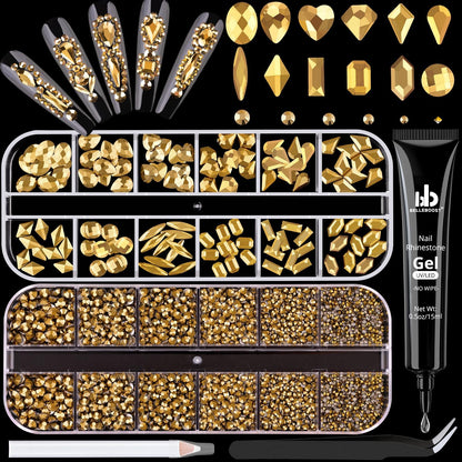 2680Pcs Mineral Gold Glass Nail Rhinestones 120Pcs Multi Shapes Flatback Nail Gems + 2560Pcs 1.5-4mm Round Crystal with Rhinestones Glue Gel, Manicure Nail Charms Diamond Gemstone for Nail Art