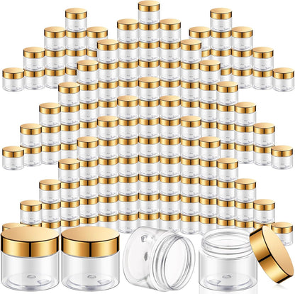 SATINIOR 100 Pcs Plastic Jars with Lids Small Containers Lids Wide Mouth Small Plastic Containers for Lotion Cream Rhinestones Body Butters Travel Storage(4 oz,Gold)
