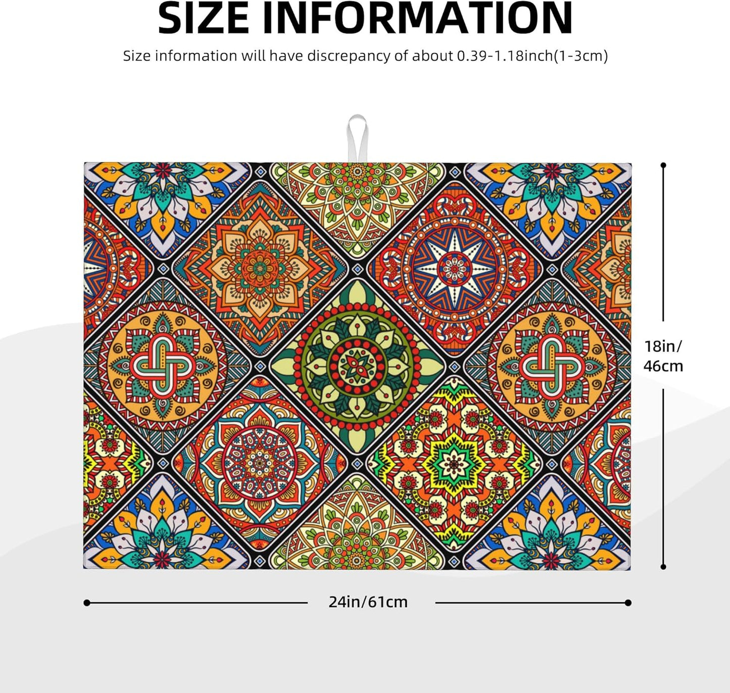 Retro Dish Drying Mat for Kitchen Counter Mandala Colorful Dish Drainer Rack Mats Boho Decor Washable Absorbent Reversible Microfiber Drying Pad Kitchen Accessories 18"x24"