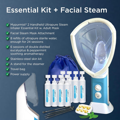 Mypurmist® Essential Kit Plus Facial Steam - Steam Inhaler & Facial Steamer Combo, Personal Handheld Ultrapure Steam - Sinus Congestion Cold Cough Relief Vocal Care Skincare (Plug-in)