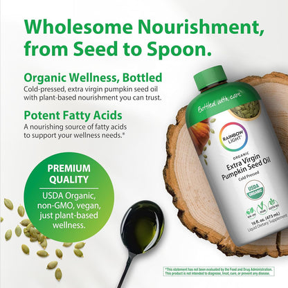 Rainbow Light Organic Extra Virgin Pumpkin Seed Oil | Cold Pressed Liquid Extract | Potent Source of Omega 6 and 9 Fatty Acids | Non-GMO and Gluten Free Supplement | 16 Fl Oz