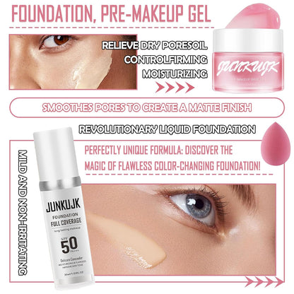 Color Changing Foundation Set,Flawless Liquid Foundation Full Coverage with Makeup Base Gel & Makeup Sponge Egg