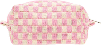 PAZIMIIK Checkered Makeup Bag for Purse Portable Zipper Make Up Pouch Small Cosmetic Case for Travel Accessories Pink Beige