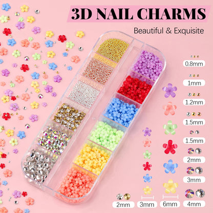 3D Flowers Manicure Gems with Nail Rhinestone Glue Gel, Colorful Acrylic Flower Nail Charms with Caviar Beads, Rhinestones and Gem Glue for Nails (UV/LED Needed) with Pickup & Dotting Tools
