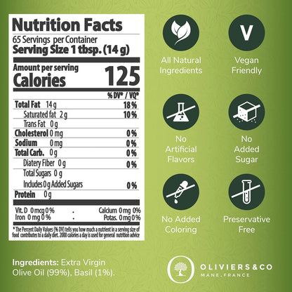 Fresh Basil Olive Oil by Oliviers & Co. | Cold Pressed Extra Virgin Olive Oil | Everyday and Cooking EVOO from Italy | Gourmet Flavored Oil in Tin Can | (33.6 Fl Oz, Fresh Basil)