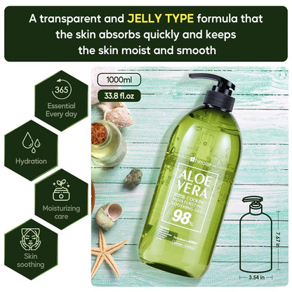 Aloe Vera Gel - for Sunburn Relief - Big 33.8oz / 1000ml - 98% Pure Aloe Vera - For Face, Skin and Hair - After Sun Care lotion - Sun Burn Moisturizer Cream (33.8 Fl oz)