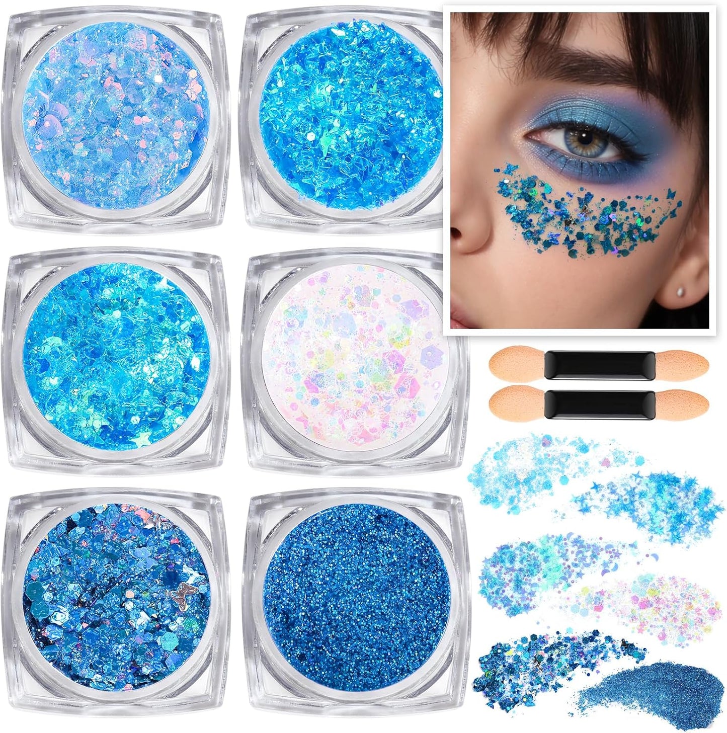Teenitor Face & Body Glitter - Blue, Hair Glitter Gel, 6 Shapes Festival Makeup Glitter for Face, Hair & Body