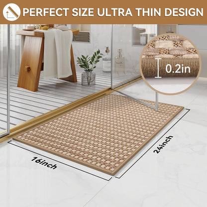 Non Slip Bath Mat Bathroom Rugs, Soft Braided Ultra Thin Bath Mats, Super Absorbent Quick Dry Bath Rug Shower Mat, Rubber Backing, Fit Under Door Bathroom Floor, Machine Washable, Brown 16"x24"