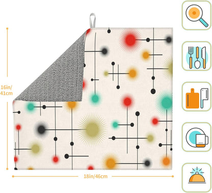 Mid Century Modern Dish Drying Mat for Kitchen Counter Yellow Washable Absorbent Reversible Microfiber Retro Drying Pad Kitchen Accessories 16x18 Inch