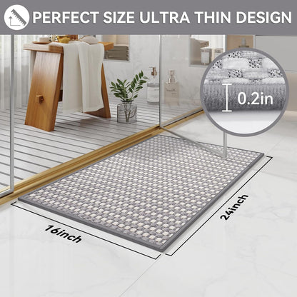 Non Slip Bath Mat Bathroom Rugs, Soft Braided Ultra Thin Bath Mats, Super Absorbent Quick Dry Bath Rug Shower Mat, Rubber Backing, Fit Under Door Bathroom Floor, Machine Washable, Gray 16" x 24"