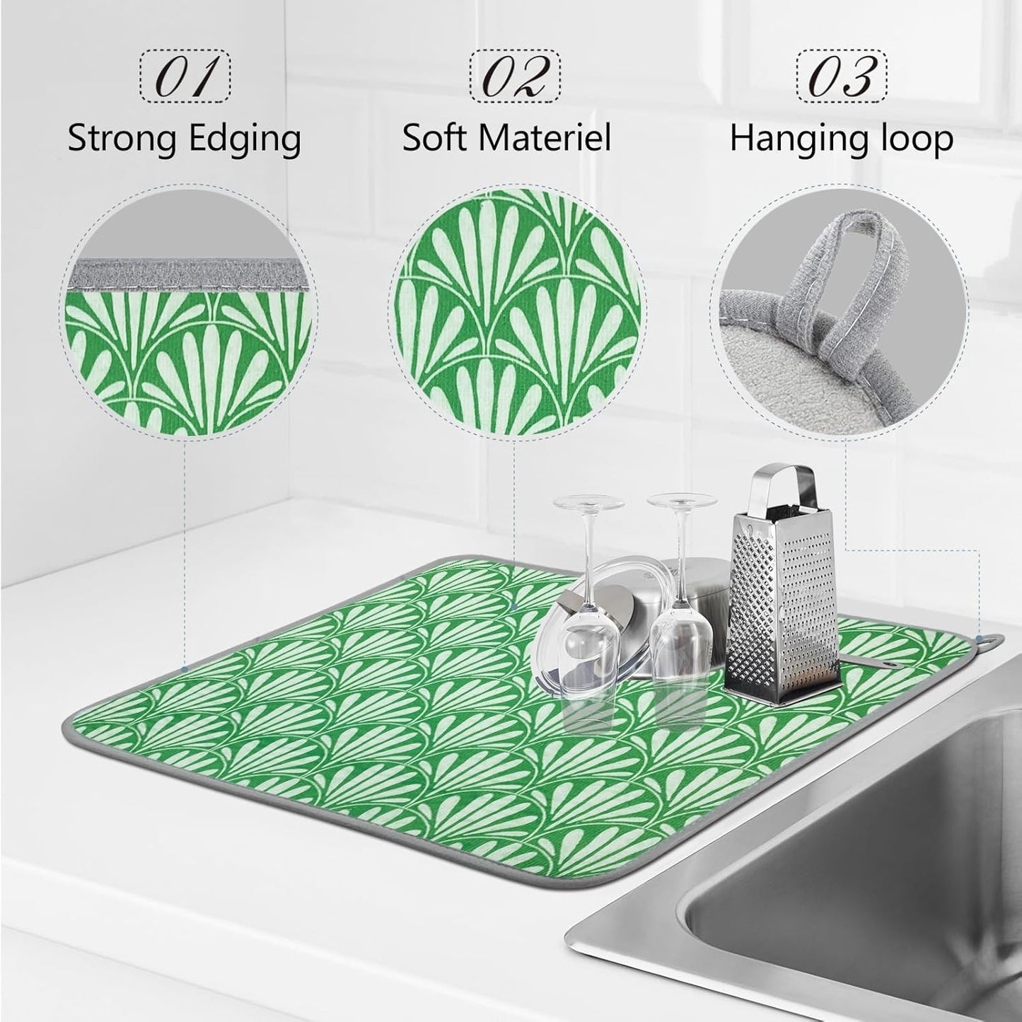 SHIYUE Dish Drying Mat for Kitchen Counter Super Absorbent Spring Kitchen Decor Microfiber Drying Matainers Rack Fast Pad Dish Drainer Mats(Bohe Green Flower,18''x24'')