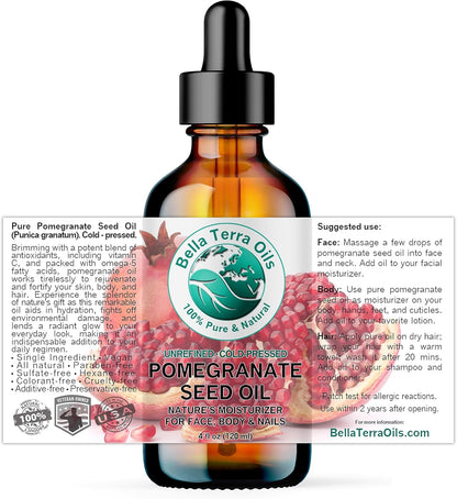 Bella Terra Oils - Organic Pomegranate Seed Oil 4 oz - A Powerhouse of Nutrients & Essential Fatty Acids, Delightfully Cold-Pressed for Pure Skin Nourishment