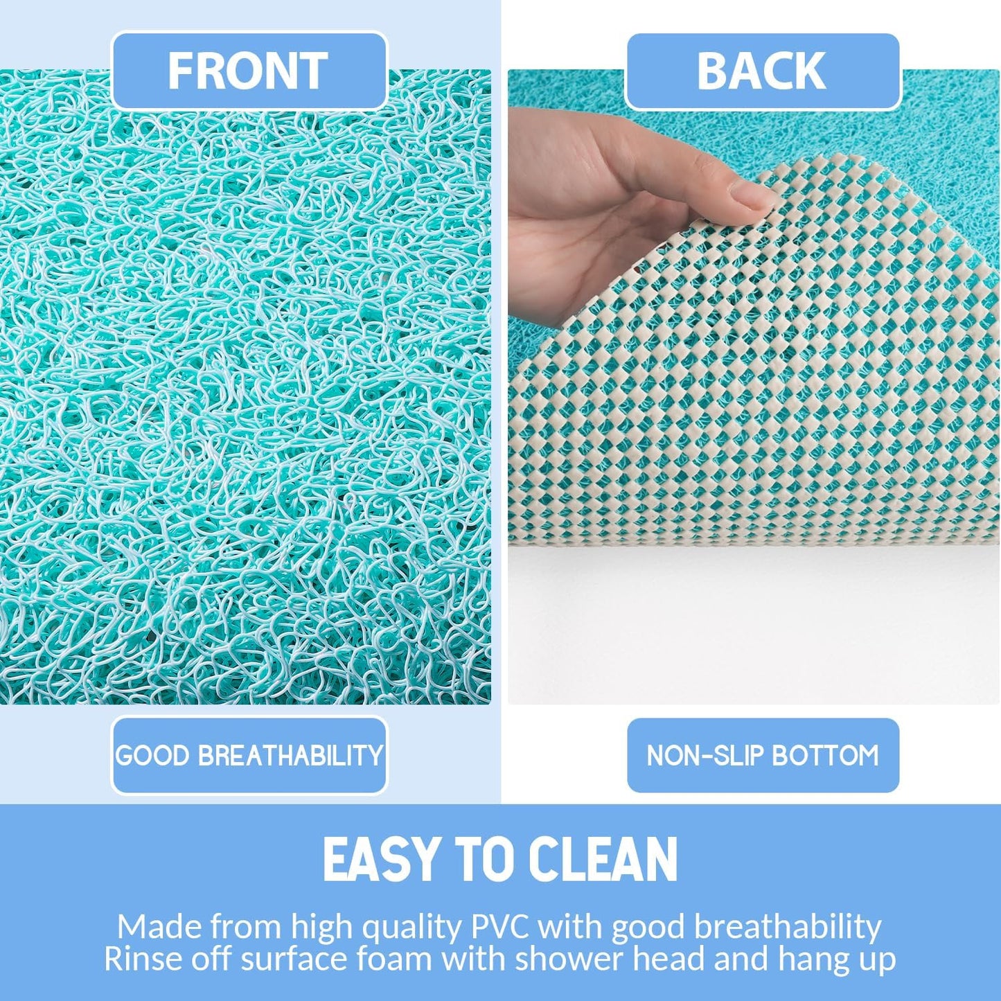 Non-Slip Bathtub Mat, 2 Pack Anti Slip Shower Mat, Fast Drying Bathtub Mats, Foot Scrubber Mat, Anti Slip Mat for Tub, Floor, Bathroom, Kitchen, Home, Hotel (Turquoise Blue 24"×16"+24"×16")