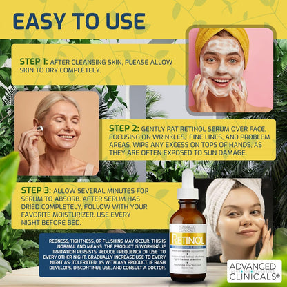 Advanced Clinicals Retinol Facial Serum Moisturizer Skin Care For Face, Anti Aging Retinol Concentrate Reduces Appearance Of Wrinkles & Fine Lines W/Aloe Vera & Green Tea, 1.75 Fl Oz (Pack of 2)