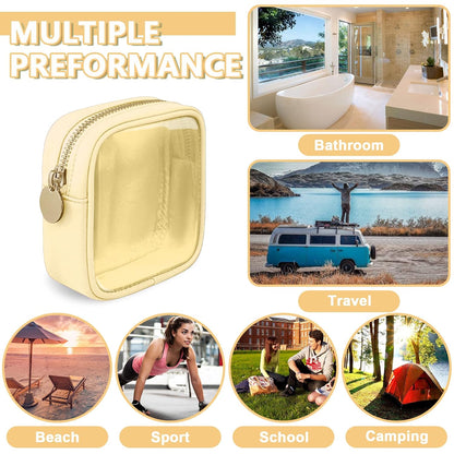 Clear Mini Makeup Bag for Purse, Small Nylon&PVC Cosmetic Bag TSA Approved Toiletry Bag with Zipper, Transparent Travel Bag Coin Purse for Women Men Girls(Beige)