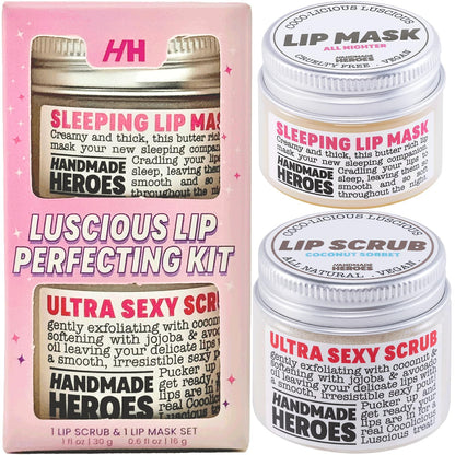 Handmade Heroes 100% Natural Coconut Lip Exfoliator & Lip Mask Gift Set - Gentle Exfoliant Sugar Lip Polish & Moisturizer for Chapped & Dry Lips