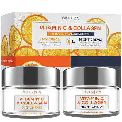 Vitamin C & Collagen Day & Night Face Moisturizer Cream - Dermatologist Tested, Brightening, Anti-Aging, Clean Beauty, Cruelty-Free Korean Skincare for All Skin Types - 1.69 oz (2-Pack)