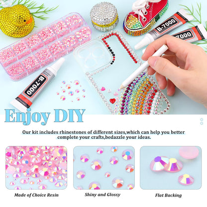 6000Pcs Resin Rhinestones for Bedazzling with 3Pcs B7000 Jewelry Glue, 1 Box Light Pink AB Flatback Rhinestones for Crafting Crafts DIY, Crystals Gems for Clothing Shoes Tumblers Nail Art Makeup
