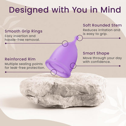 EcoBlossom Reusable Menstrual Cup and Case - The Most Reliable Medical Grade Silicone Period Cups - Comfortably use for 12 Hours (Large (Pack of 2), Round Stem & Case)