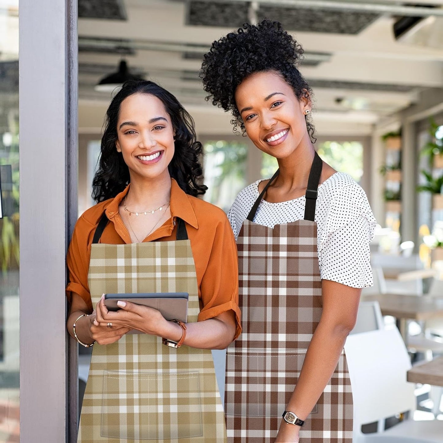 Britimes 2 Pack Aprons, Plaid Check Tartan Adjustable Bib Aprons with 2 Pockets for Women Men Couple Lovers Chef Home Kitchen Cooking Baking Gardening Champagne Khaki Brown Apron 32x28 Inches