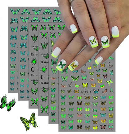 6 Sheets Luminous Butterfly Nail Art Stickers 3D Self-Adhesive Butterfly Nail Decals Holographic Butterflies Nail Art Supplies for Women Manicure Glow in The Dark Decoration Fluorescent Nail Decal