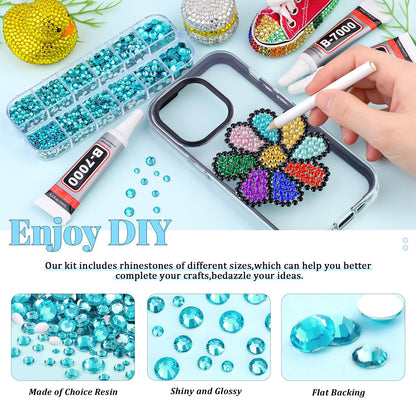 6000Pcs Resin Rhinestones for Bedazzling with 3Pcs B7000 Jewelry Glue, 1 Box Teal Blue Flatback Rhinestones for Crafting Crafts DIY, Crystals Gems for Clothing Shoes Tumblers Nail Art Makeup