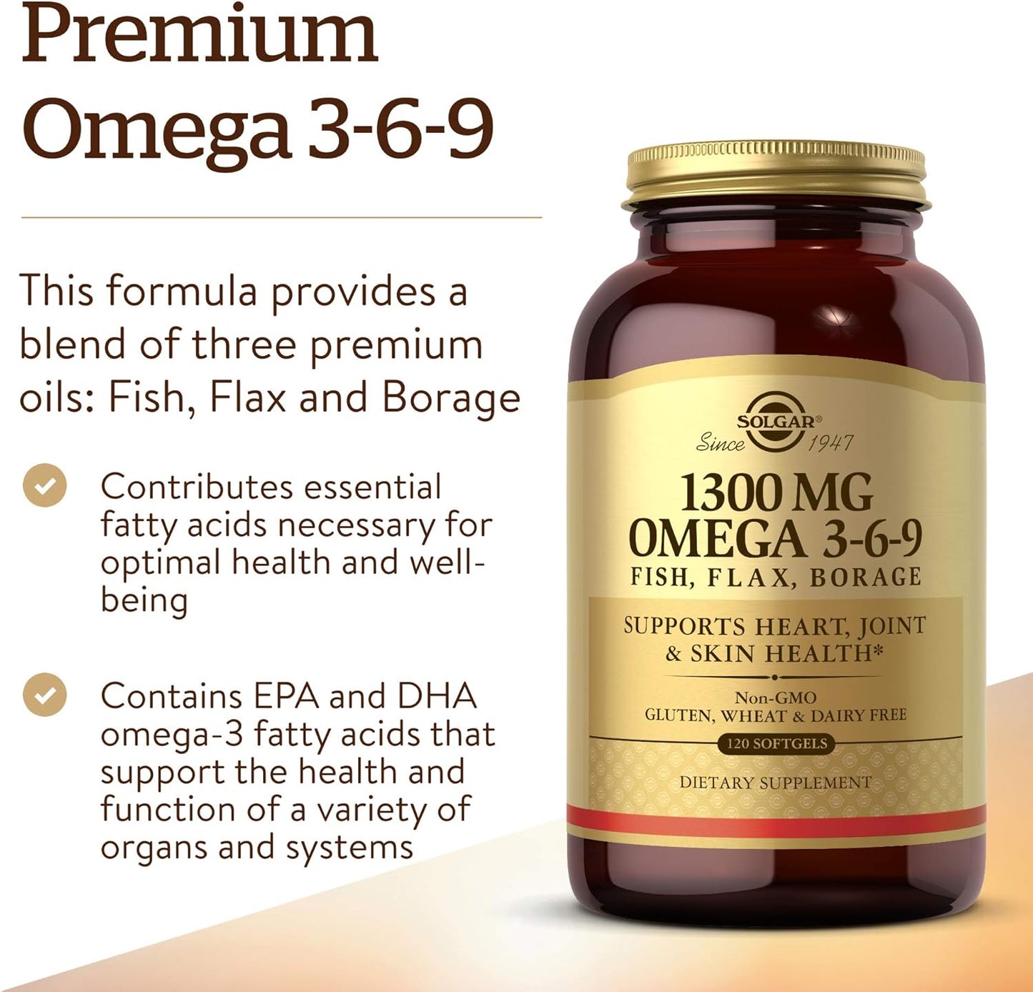 Solgar 1300 mg Omega 3-6-9, 120 Softgels - Fish Oil Supplement - Support for Joint & Skin Health - Includes Flaxseed & Borage - Contains EPA & DHA Omega 3 Fatty Acids - 40 Servings