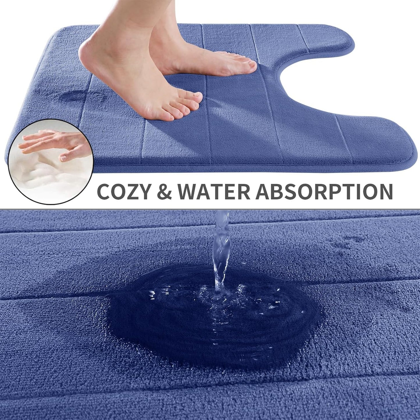 Yimobra Memory Foam Toilet Bath Mat U-Shaped, Soft and Comfortable, Super Water Absorption, Non-Slip, Thick, Machine Wash and Easier to Dry for Bathroom Commode Contour Rug, 24 X 24 Inches, Navy Blue