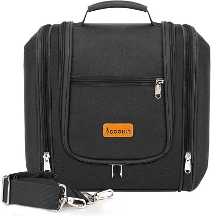 Hanging Travel Toiletry Bag for Women and Men, 6 Organizer Compartments, Large Toiletries essentials, Bathroom Cosmetic Accessories, Water-resistant Makeup Bag, Holds Full-Size Shampoo, Black