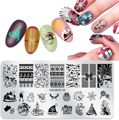 Christmas Nail Stamping Plates - Winter Stamp Kit with Snowflake, Santa Claus, Christmas Tree, Elk & Candy Bells Designs - DIY Stainless Steel Nail Image Polish Template Kit (8Pcs)